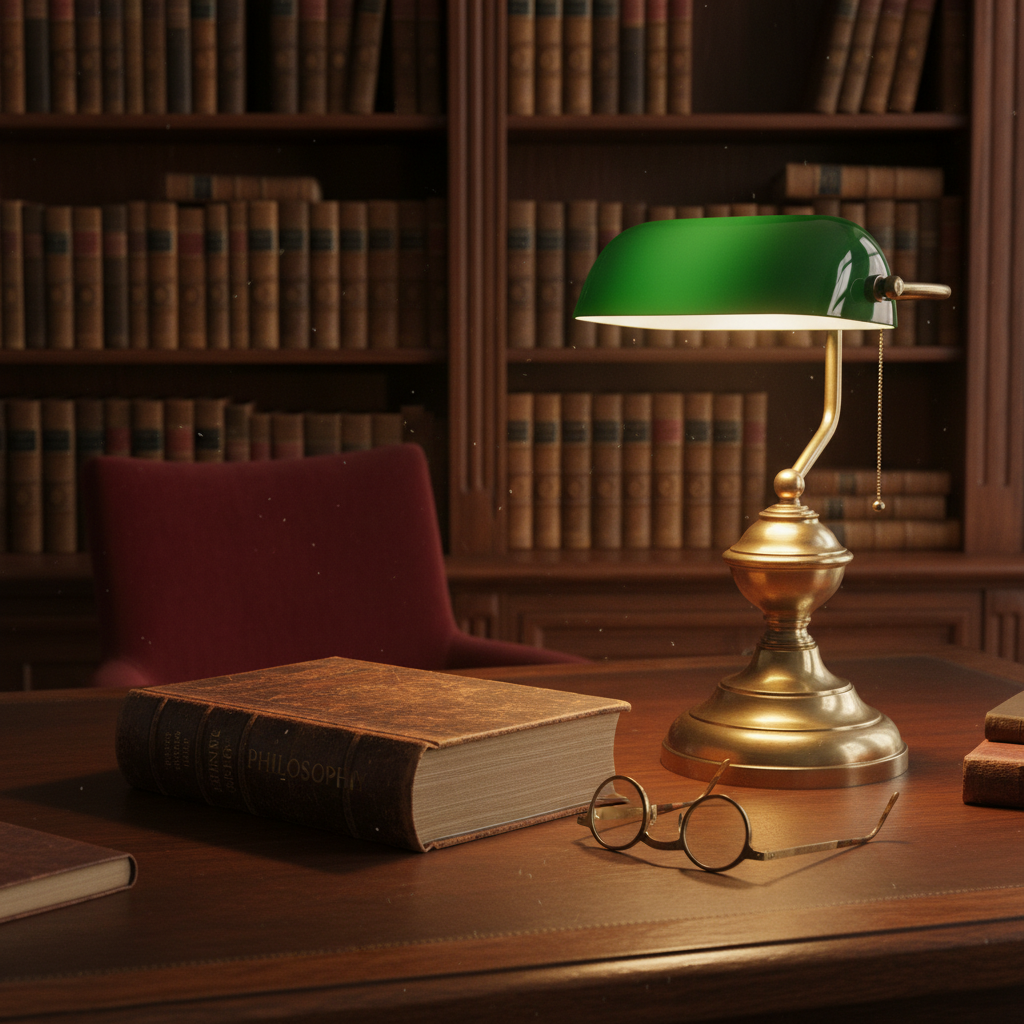 고풍스러운 나무 책상 위에 놓인 두꺼운 철학 책과 빈티지한 안경, 그리고 따뜻한 색감의 램프 조명이 비치는 정적인 서재의 풍경.