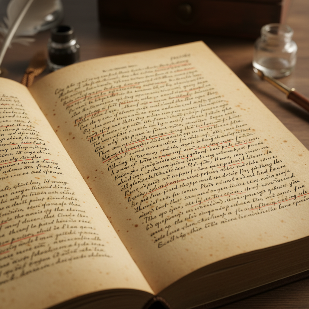 누렇게 빛바랜 철학 서적의 페이지 위에 정교하게 적힌 메모와 밑줄, 그리고 세월의 흔적이 느껴지는 종이의 질감 클로즈업.