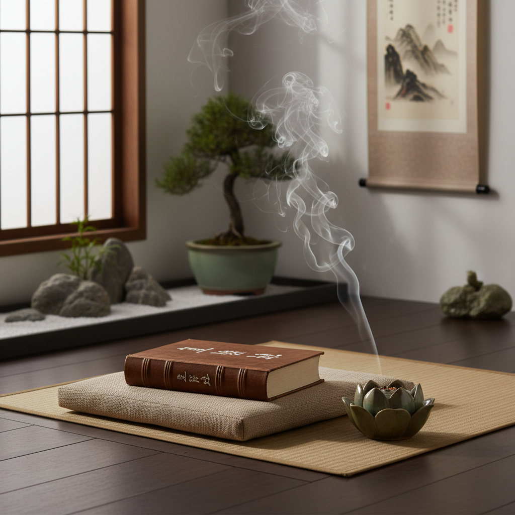 조용한 명상실의 다다미 위에 놓인 동양 철학 서적과 향로에서 피어오르는 가느다란 연기, 그리고 차분한 젠 스타일의 인테리어.
