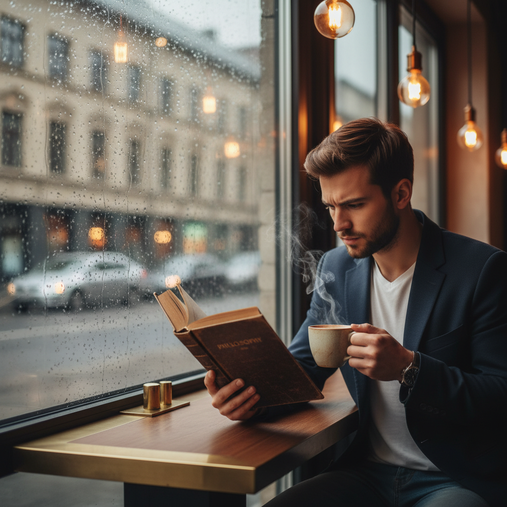 비 내리는 창밖 풍경을 배경으로 카페 창가에 앉아 두꺼운 철학 책에 몰입한 현대인의 모습과 따뜻한 김이 모락모락 나는 머그잔.